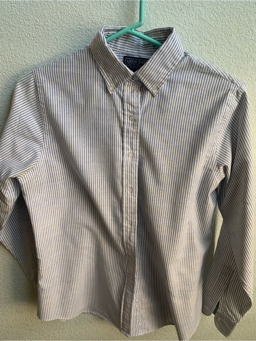 Lands' End Men's Narrow Stripe Button-Down Shirt in Beige and White